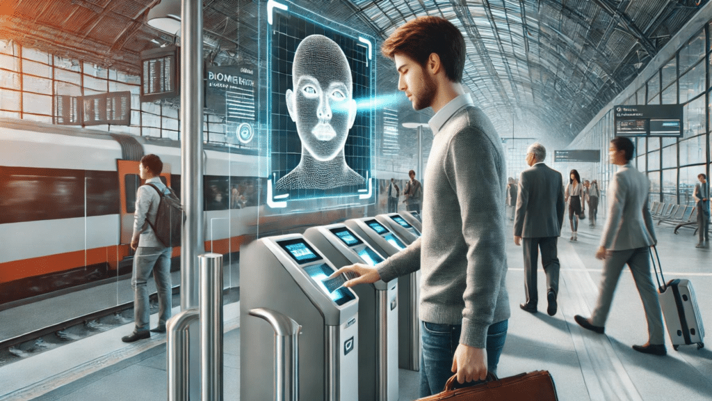 Ein moderner, futuristischer Bahnhof bei Tag, in dem Passagiere biometrische Tickets verwenden. Ein Reisender scannt sein Gesicht an einem Hightech-Terminal mit digitalem Interface. Im Hintergrund nutzen weitere Reisende biometrische Systeme, umgeben von digitalen Anzeigen in einer hellen, einladenden Atmosphäre.