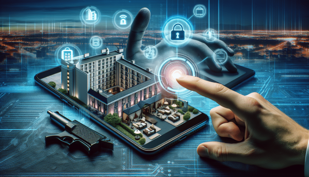Ein digitales Bild eines Hotelzimmers auf einem Smartphone mit einem Finger, der bereit ist, auf den Bildschirm zu tippen, symbolisiert das Risiko von Privatsphäreverletzungen durch Hotel-Shootings.