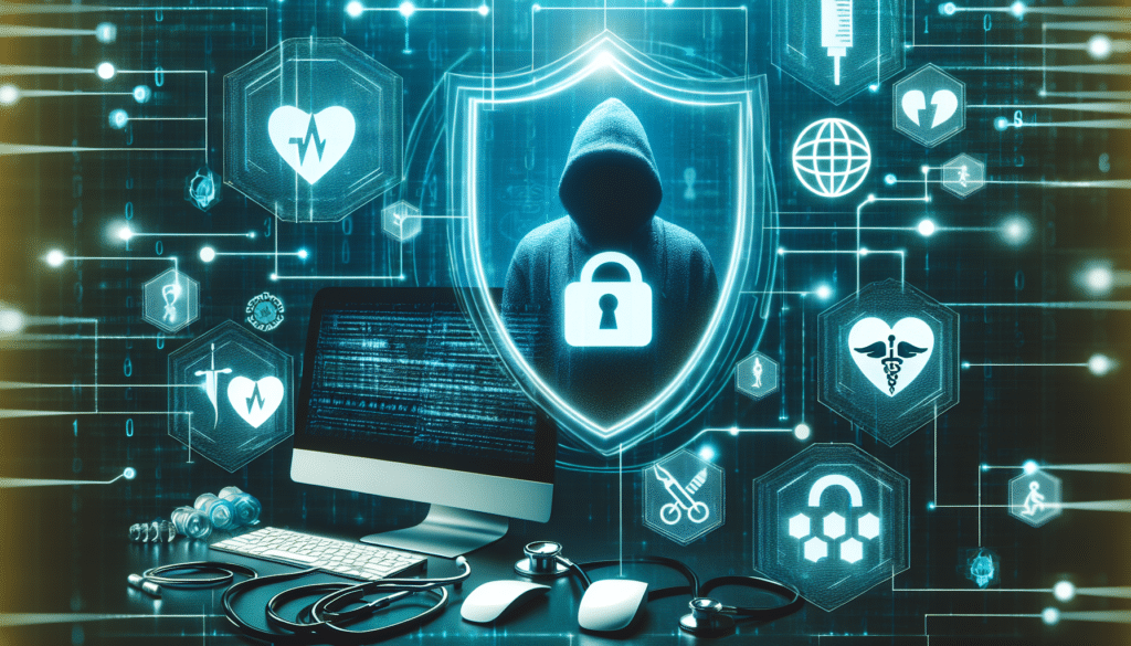 Schutzschild mit medizinischen Symbolen und Hacker im Hintergrund, das Cyber-Bedrohungen im Gesundheitswesen darstellt.