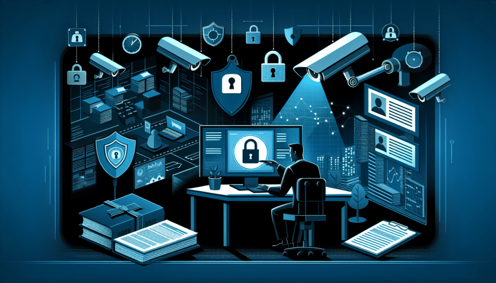 Bürogebäude im Fokus eines Vergrößerungsglases, umgeben von Datenschutzsymbolen.