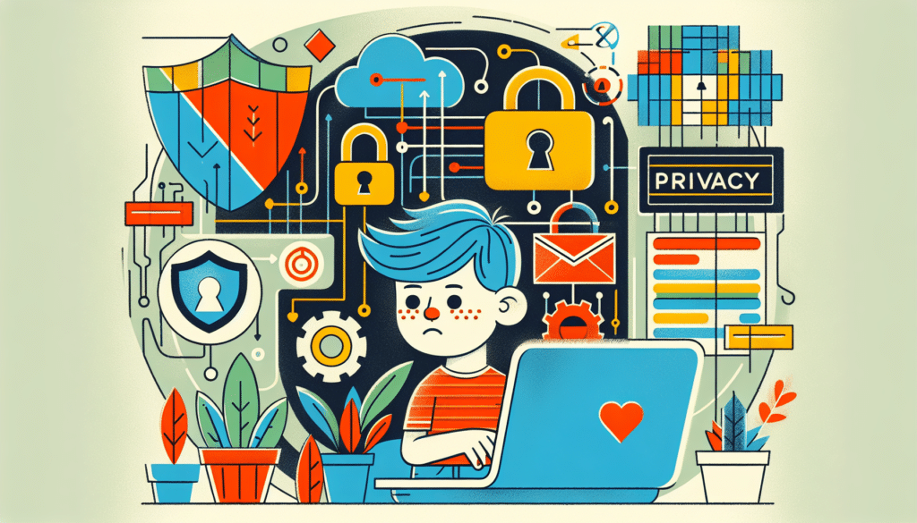 Kind am Laptop, umgeben von Datenschutzsymbolen, die die DSGVO-Herausforderungen bei der digitalen Sicherheit darstellen.