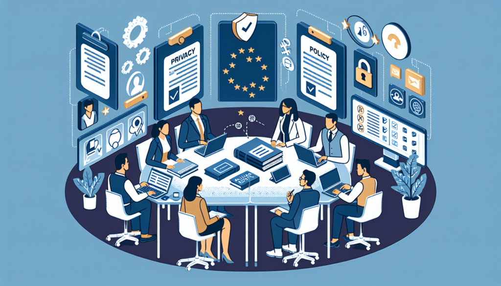 Geschäftsleute in einem modernen Büro, die über Datenschutzrichtlinien sprechen.