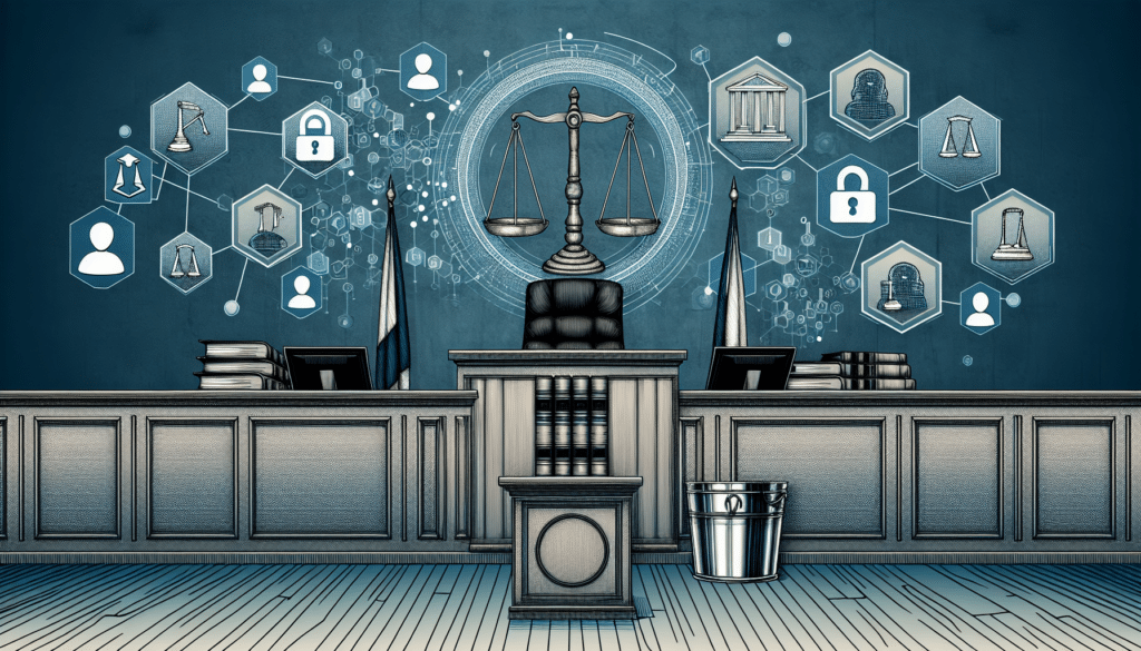 Illustration von juristischen und Datenschutzsymbolen in einem Gerichtssaal-Setting