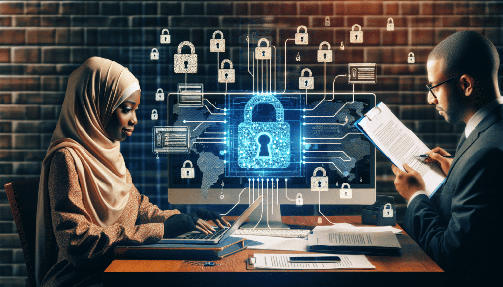 Eine symbolische Darstellung von Datenschutz bei Dienstleistern mit Schlössern, Computern und interagierenden Menschen.