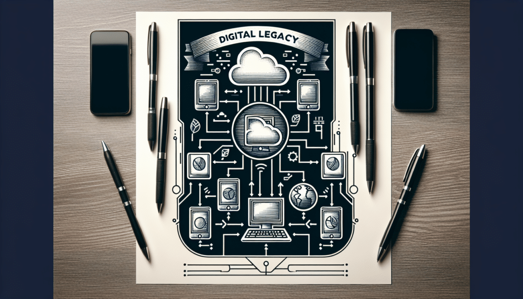 Illustration eines Netzwerks von digitalen Geräten und Symbolen, das den digitalen Nachlass darstellt.
