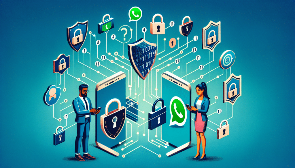 Darstellung von WhatsApp als sicheren Kommunikationskanal mit digitalem Schutzschild.