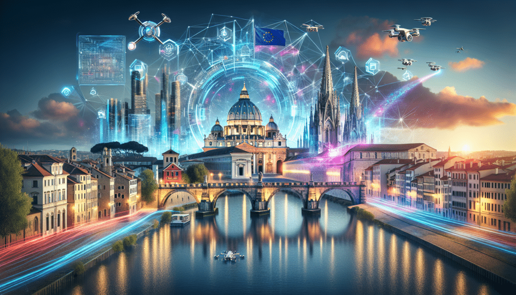 Futuristische europäische Skyline mit Hologrammen und digitaler Vernetzung, die die Auswirkung der neuen KI-Verordnung darstellt