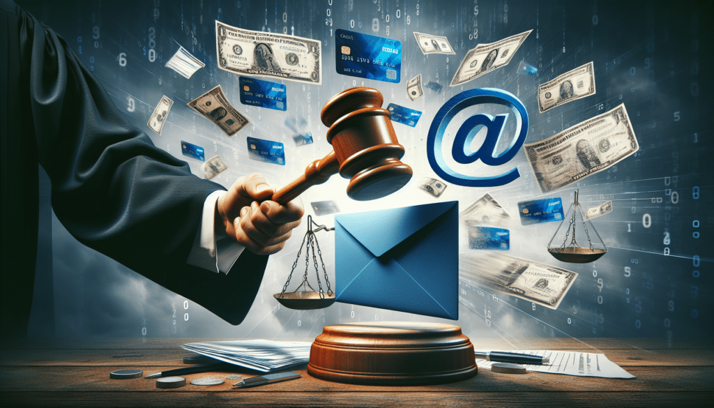 Symbolisches Bild eines Gerichtshofes mit E-Mails, die für Sicherheitsbedenken bei Rechnungen verurteilt werden.