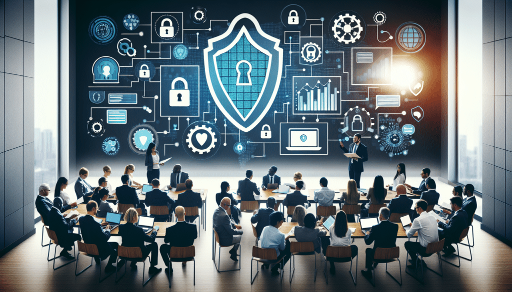Mitarbeiter in einem Büro, die an einer Datenschutz-Schulung teilnehmen, mit Symbolen für Cyber-Sicherheit im Hintergrund.