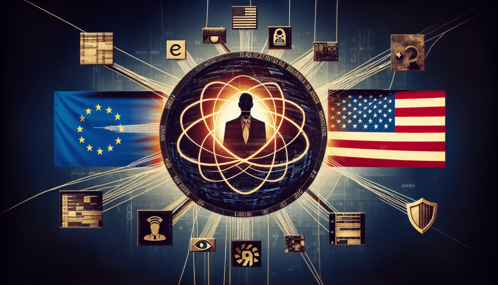 Montage mit EU- und USA-Flaggen und Symbolen für Datenschutz und Überwachung