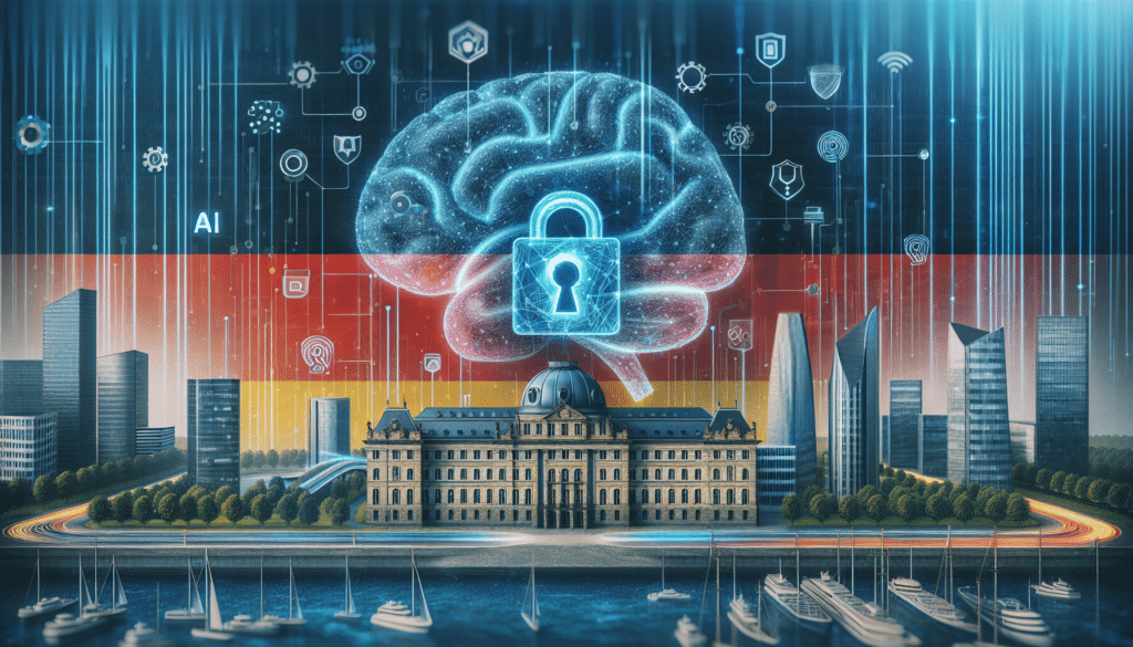 Symbolische Darstellung von Datenschutz und Künstlicher Intelligenz in einem deutschen Wirtschaftskontext.