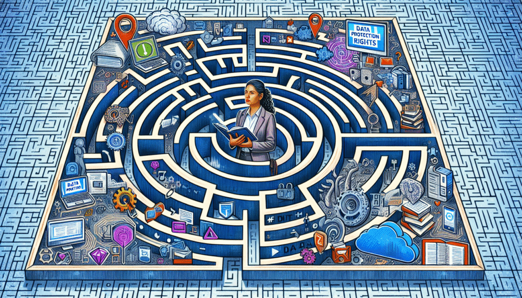 Ein Labyrinth, das die Komplexität der Geltendmachung von Datenschutzrechten darstellt, mit einer Person in der Mitte und digitalen Symbolen.
