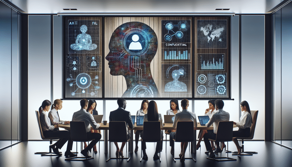 Ein modernes Teammeeting, in dem KI-Technologien eingesetzt werden, um Daten auf einem Bildschirm zu analysieren. Menschen arbeiten an Laptops und Tablets.