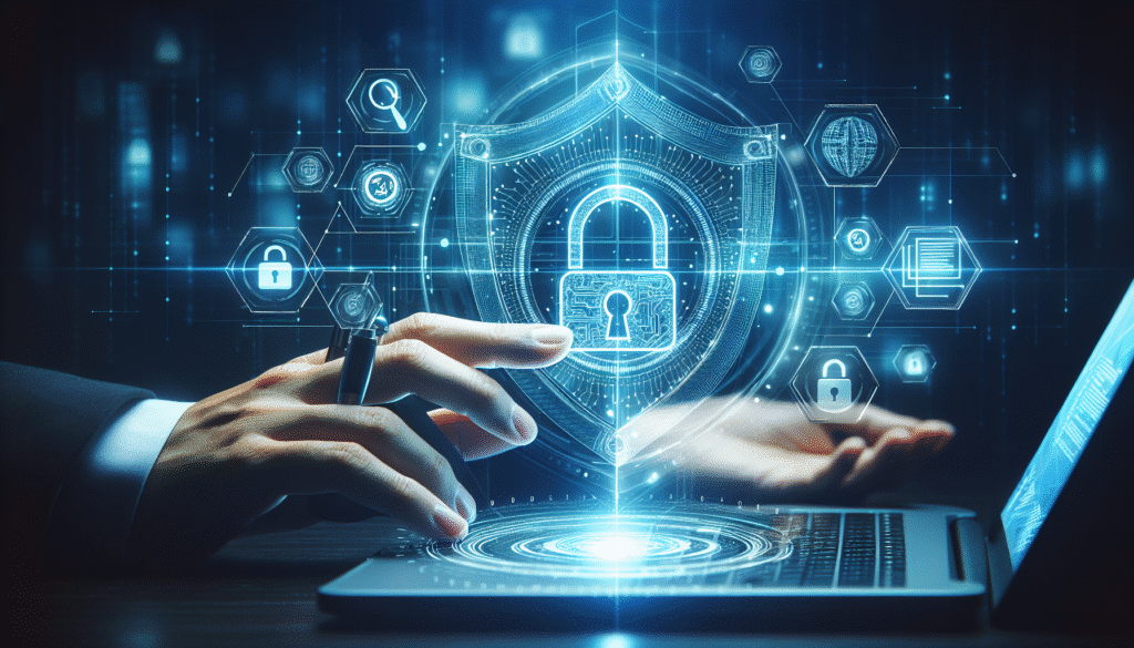 Eine Hand hält einen digitalen Schutzschild als Symbol für Cybersicherheit.