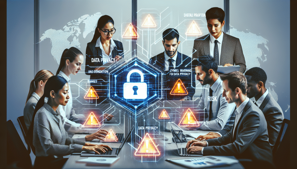 Team im Büro arbeitet gemeinsam an einem Projekt, mit eingeblendeten Datenschutz-Symbolen.