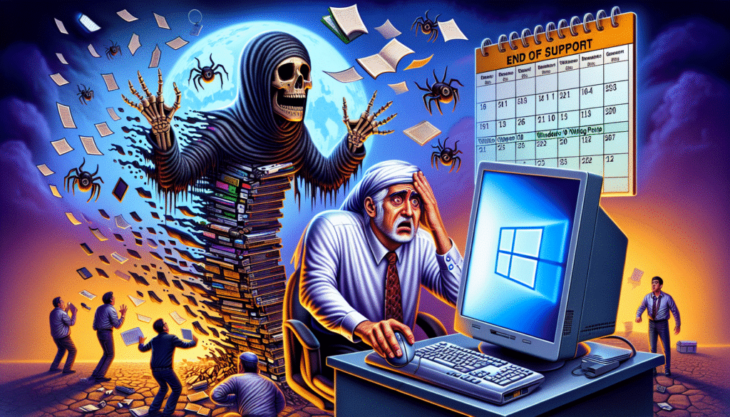 Ein besorgter Computernutzer sieht eine Warnmeldung über das Ende des Windows 10 Supports auf seinem Bildschirm.