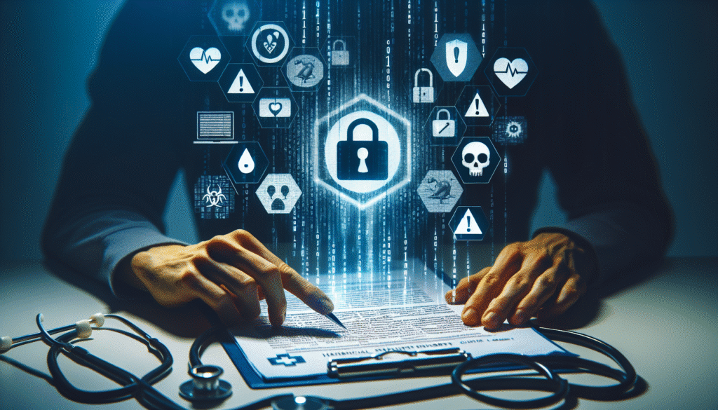 Ein Krankenschein, der in einem Wirrwarr aus digitalen Daten und Warnsymbolen verloren geht, symbolisiert die Bedrohung durch Datenschutzverletzungen.