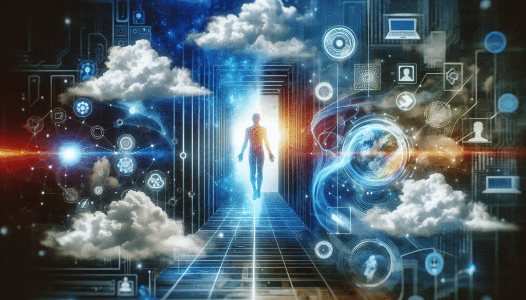 Ein symbolisches Bild, das das Konzept digitaler Hinterlassenschaften nach dem Tod darstellt, mit einem Mischbild aus Wolken, Datenströmen und einer menschlichen Silhouette.