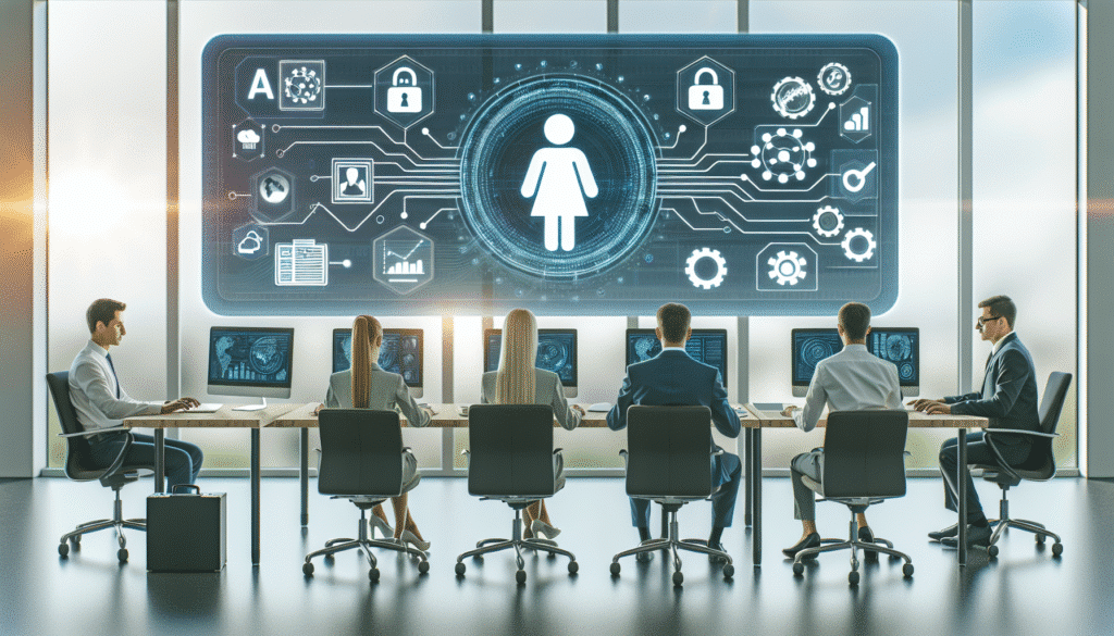 Mitarbeiter im Büro nutzen einen KI-Service Desk für Compliance und Datenschutz in einem kleinen Unternehmen.