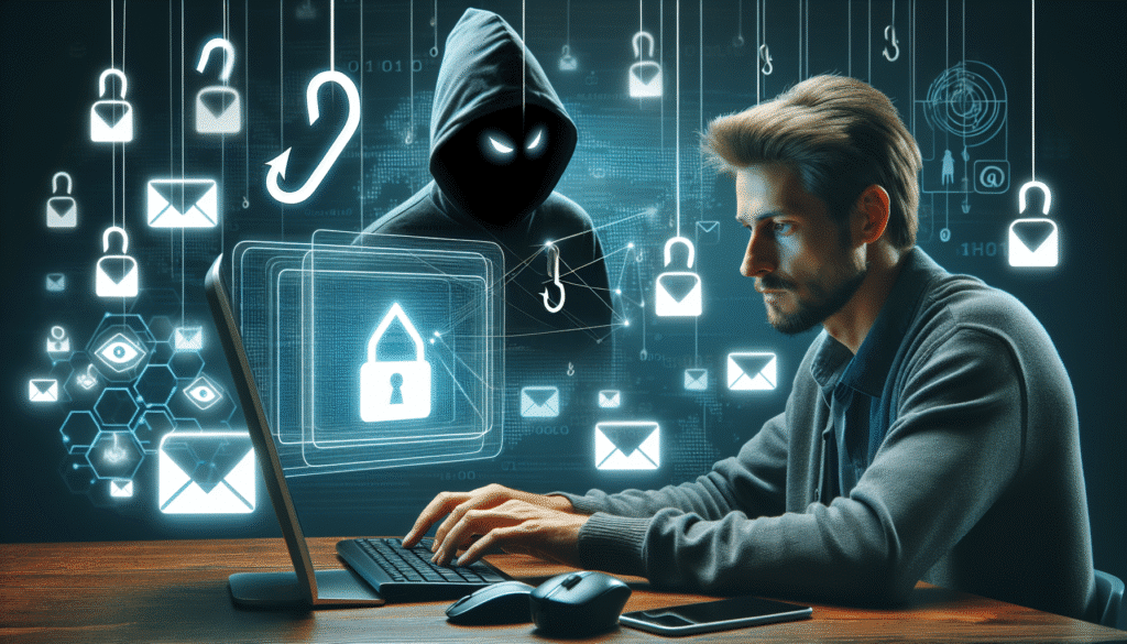 Person am Computer mit Phishing-Symbolen im Hintergrund
