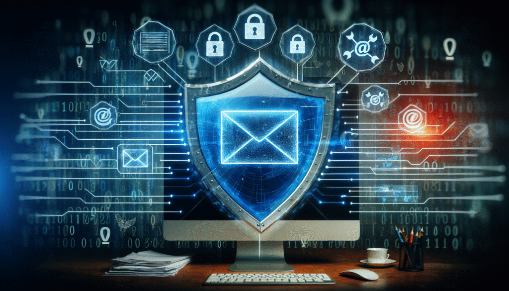 Ein Computerbildschirm mit E-Mails, umgeben von einem virtuellen Schutzschild zum Schutz vor Cyberkriminalität