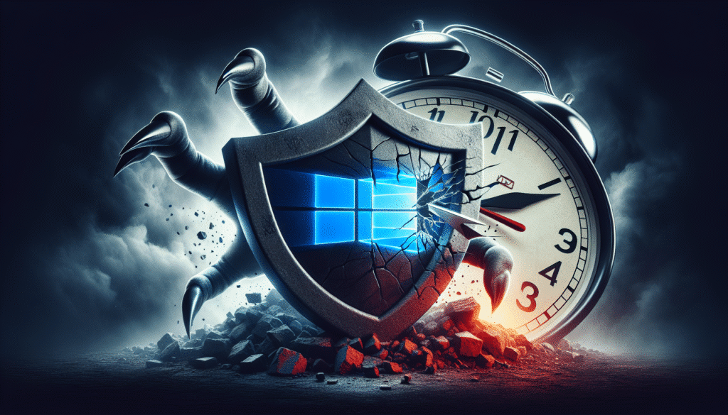 Symbolische Darstellung von Windows 10 als tickende Zeitbombe mit digitalen Bedrohungssymbolen im Hintergrund.