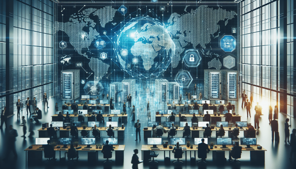 Ein Laptop im Büro, der eine Weltkarte mit Verbindungslinien und Sicherheits-Icons anzeigt. Symbolisiert Cybersicherheit und strategische Neuausrichtung in Unternehmen.
