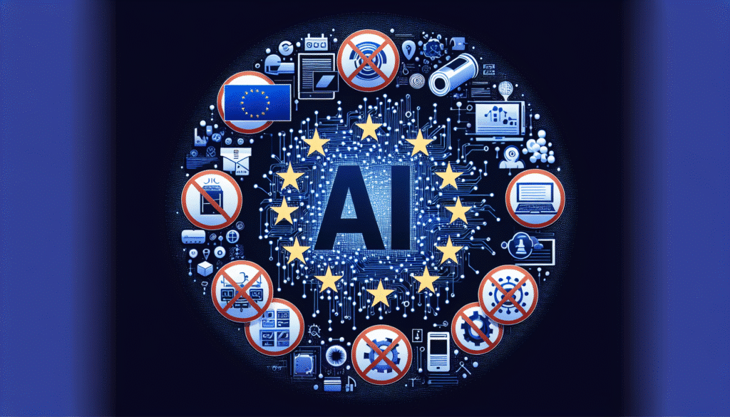Symbolische Darstellung der EU-KI-Verordnung mit Fokus auf verbotene Praktiken und hochriskante Systeme.
