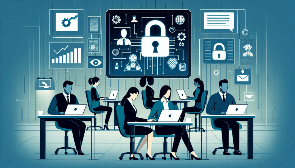 Mitarbeiter arbeiten im Büro an Laptops mit KI-Notiznehmer-Software, umgeben von Datenschutzsymbolen.