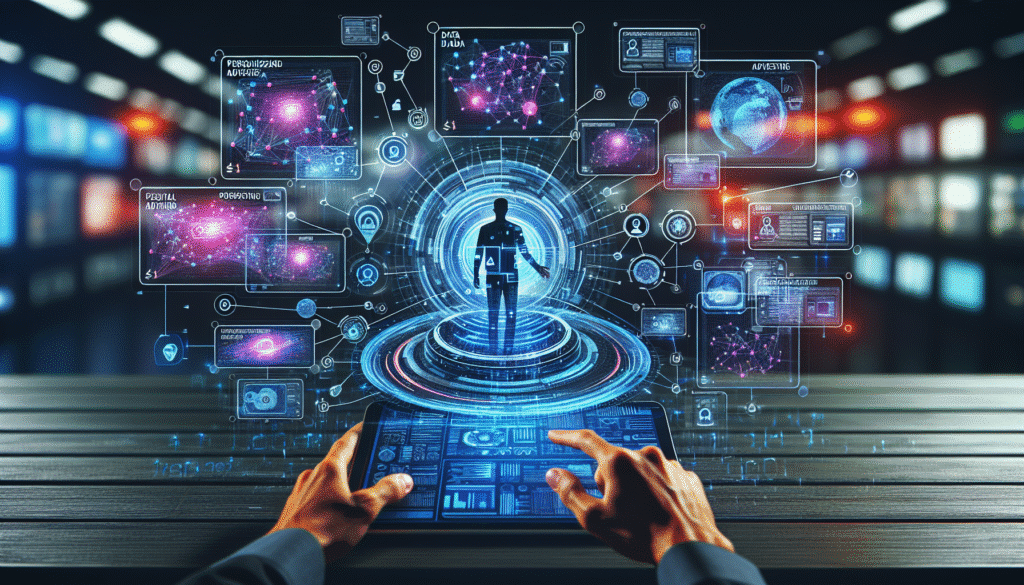 Grafische Darstellung von personalisierter Werbung und Datensammlung mit Daten-Icons und Schutzsymbol.