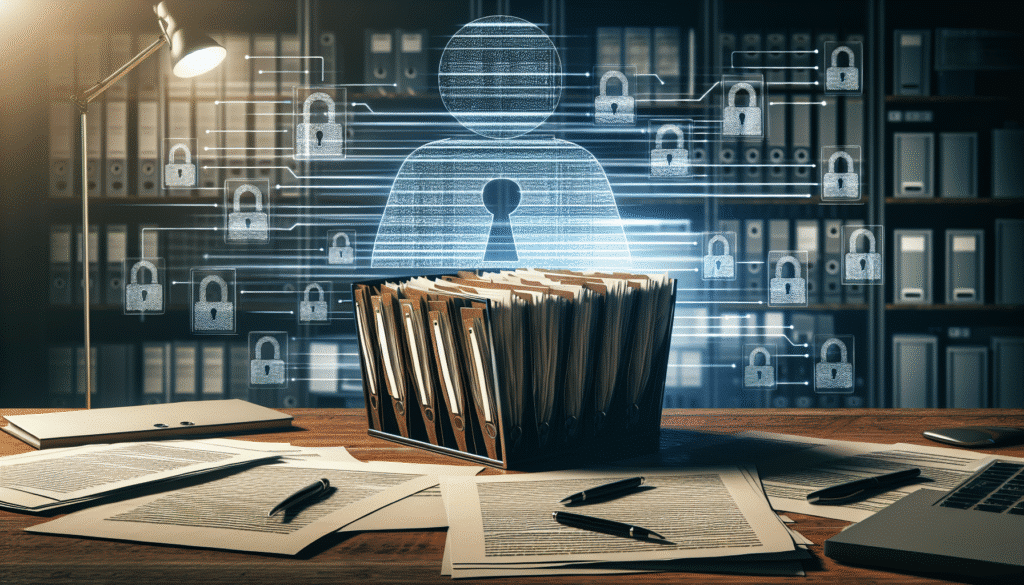 Ein Schreibtisch mit geöffneten Akten und einem Computerbildschirm, die Transparenz und Datenschutz symbolisieren.