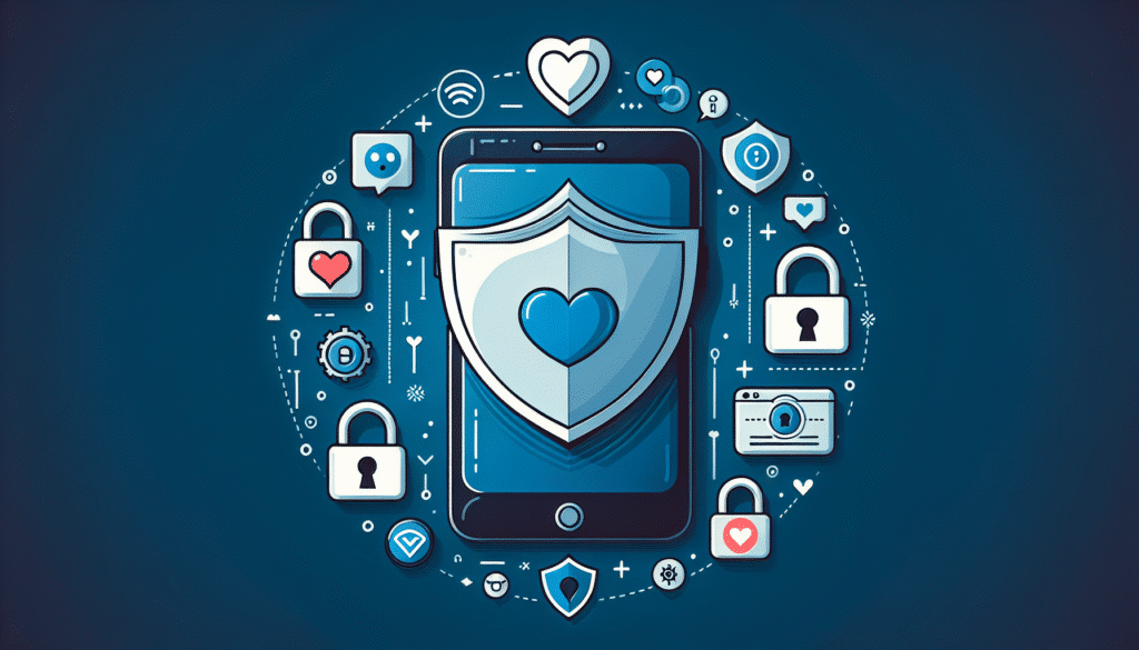 Illustration eines Smartphones, das von einem Schutzschild umgeben ist, mit Datenschutz-Symbolen