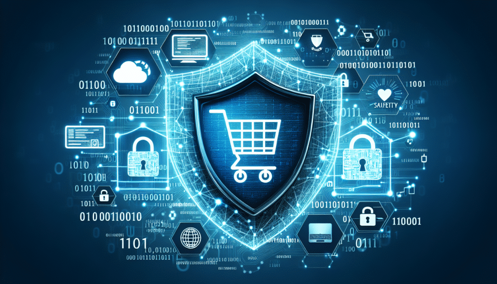 Symbolisches Bild eines Einkaufswagens mit Schloss, umgeben von Binärcode, das sicheres Online-Shopping darstellt.