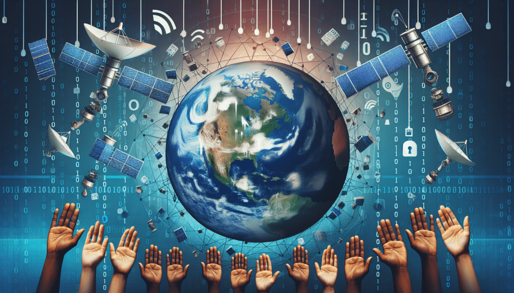 Futuristische Weltkarte mit Datenströmen und Datenschutz-Symbolen.