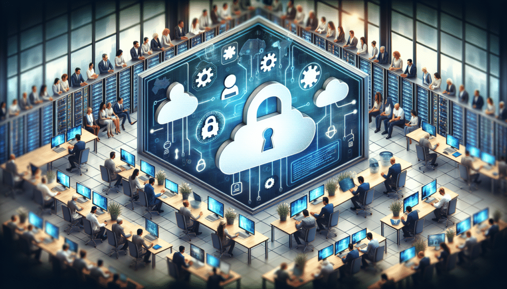 Behördenmitarbeiter arbeiten an Computern in einem modernen Büro, umgeben von Datenschutzsymbolen