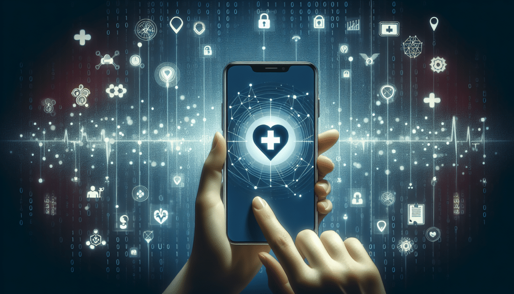 Smartphone mit geöffneter Gesundheits-App und schwebenden digitalen Symbolen, die den Datenschutz im Gesundheitswesen thematisieren.