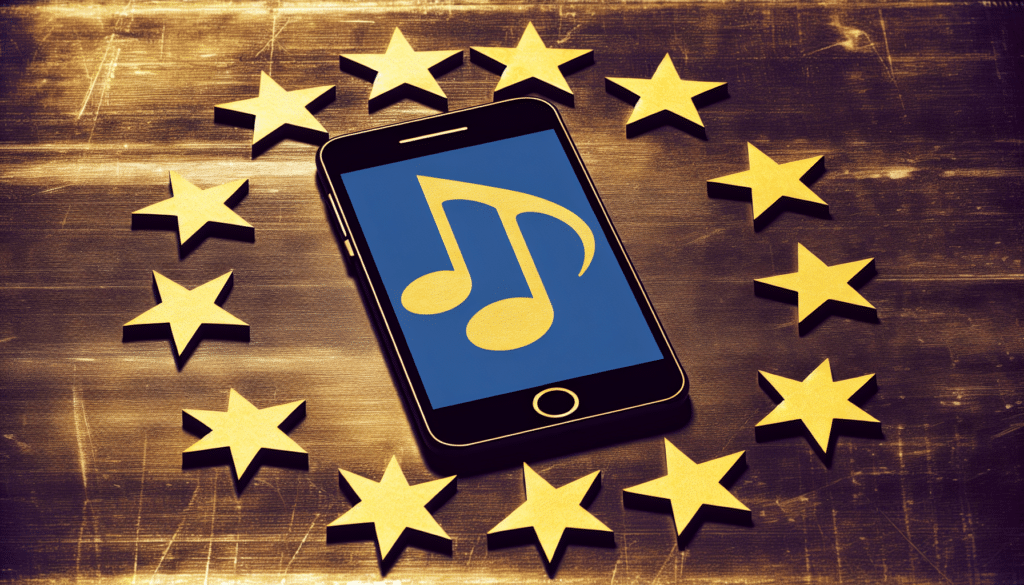 Smartphone mit TikTok-Logo und EU-Sterne, die kritische Datenschutzfragen darstellen.