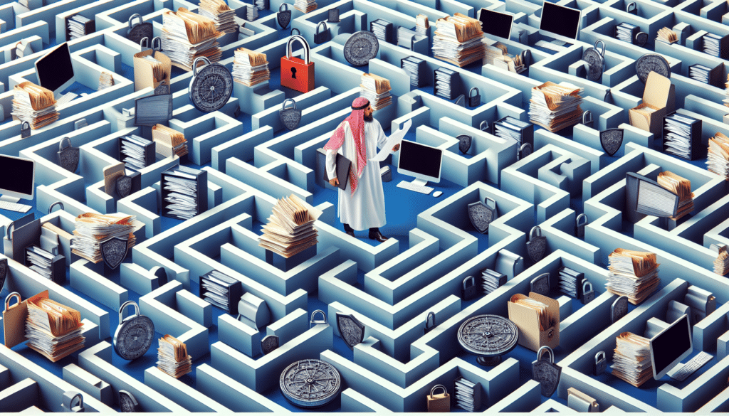 Person im Labyrinth aus Datenschutzmaterialien