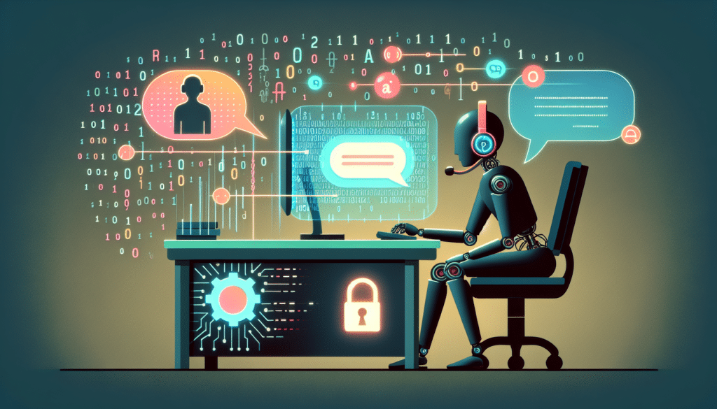 KI-Software transkribiert Kundengespräche auf einem Computerbildschirm, umgeben von Datenschutzsymbolen.