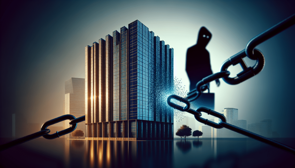Stilisiertes Gebäude mit Sicherheitslücken, metaphorisch für Unternehmensbedrohungen.