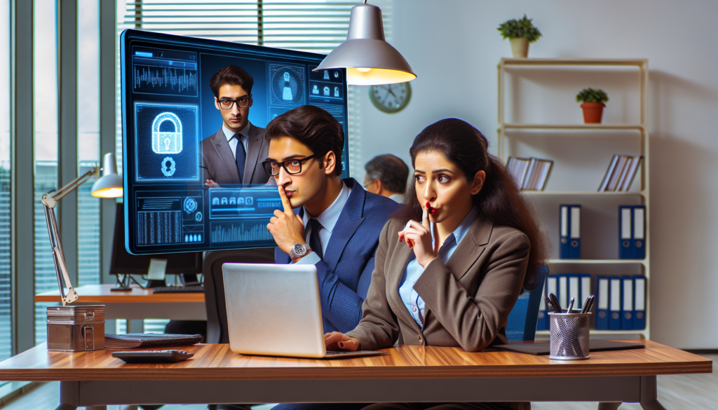 Ein besorgter IT-Sicherheitsexperte überwacht einen Mitarbeiter, der vertrauliche Daten auf einem Computerbildschirm betrachtet