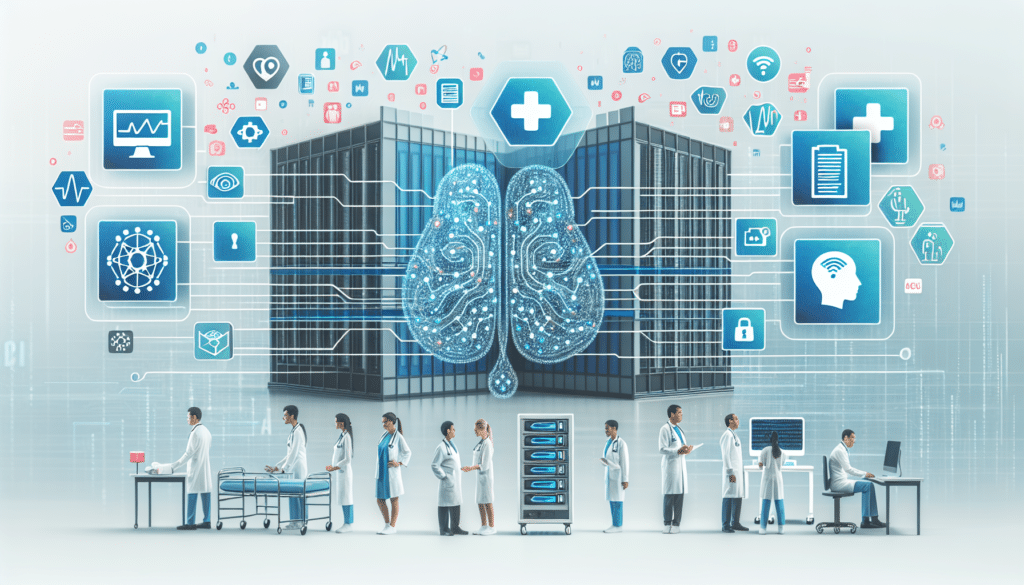 Ein moderner Krankenhaus-Operationssaal mit holographischen KI-Systemen, die Datenschutzprobleme lösen.