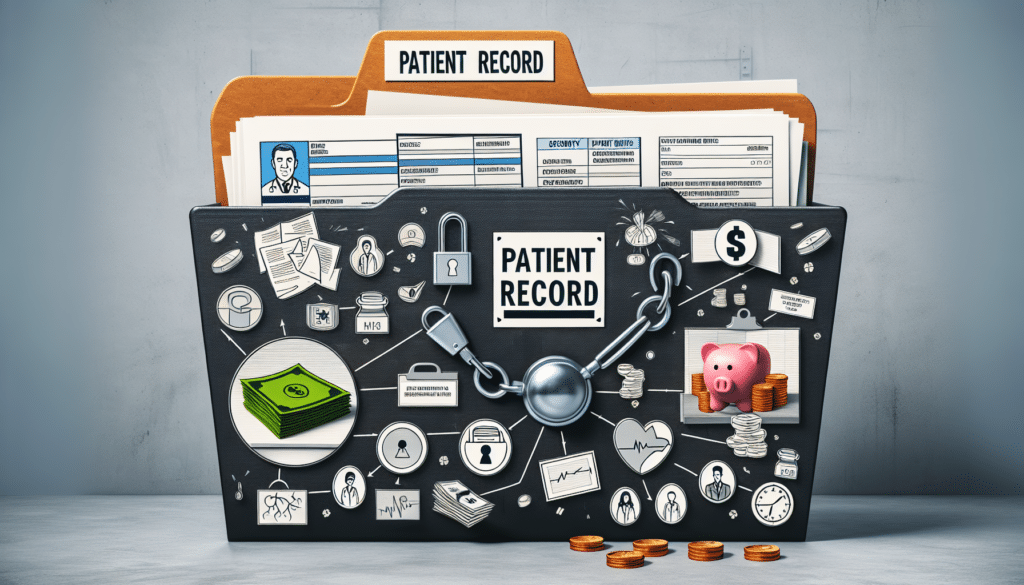 Medizinische Akte mit Stethoskop und Taschenrechner auf einem Schreibtisch, Symbol für finanzielle Aspekte der neuen Patientenakten-Regelungen