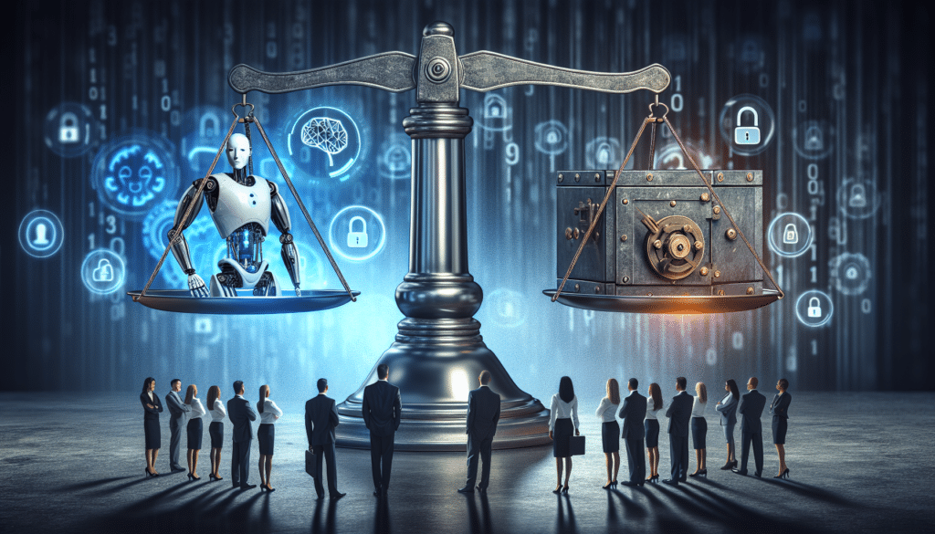 Ein Computer am Arbeitsplatz, umgeben von einem digitalen Netz mit Waage-Symbolen zur Darstellung des Gleichgewichts zwischen Künstlicher Intelligenz und Datenschutz.